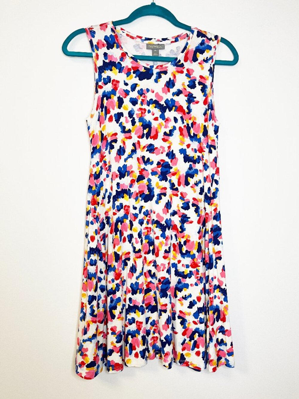 Style & Co Sleeveless Swing Dress Abstract Floral Print Pink Blue White PM